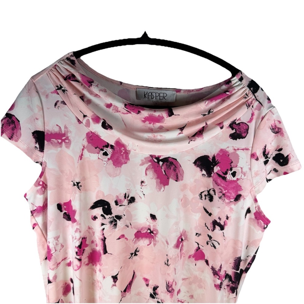 Kasper Women's Medium Pink Floral-Print Cowlneck Blouse Top Officecore Business